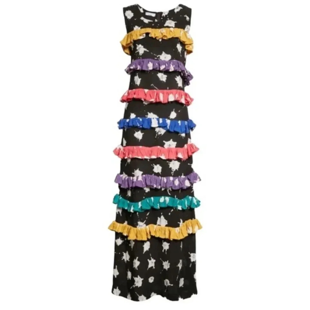 BUSAYO Ropo Splatter Print Tiered Ruffle Maxi Dress Black Size M NWT - Picture 2 of 15